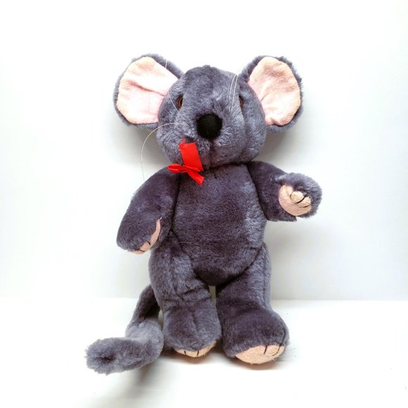 Posable Plush Mouse 10” Gray Red Bow Oriental Trading Co. - Picture 1 of 8